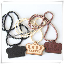 Black Wooden Crown Pendant with a 36 Inch Wood Beaded Necklace Excellent Quality Chain (IO-wn032)